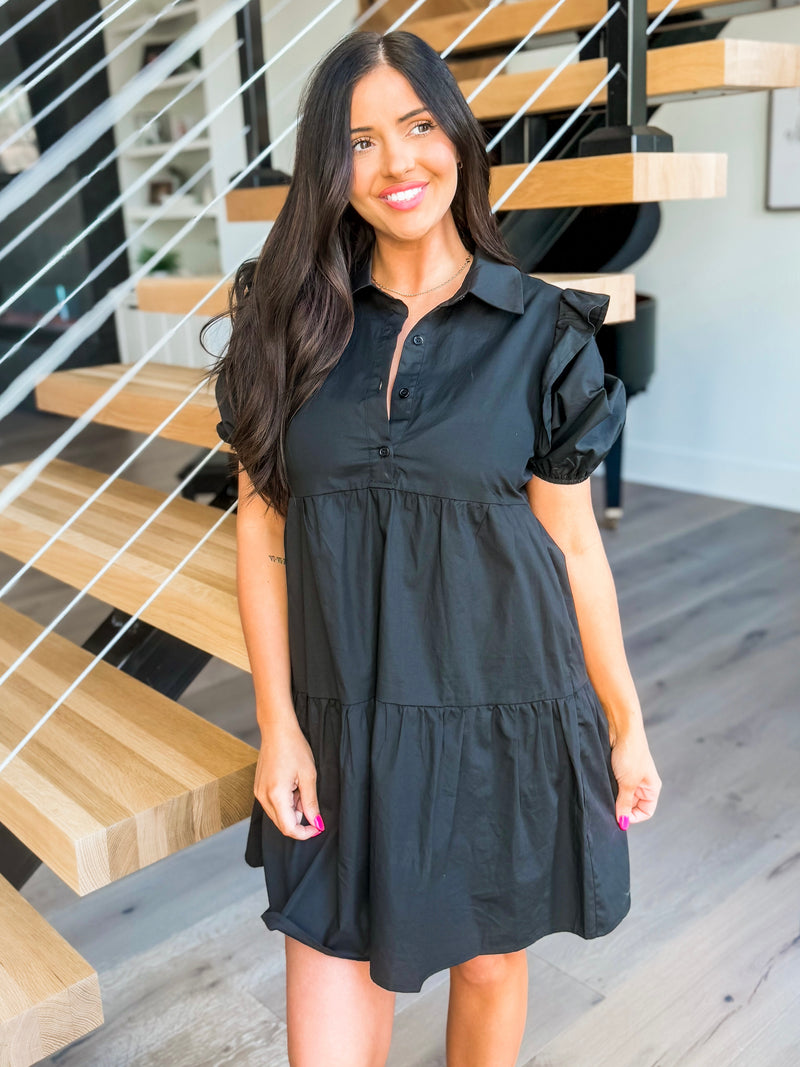 Black Puff Sleeve Ruffle Dress